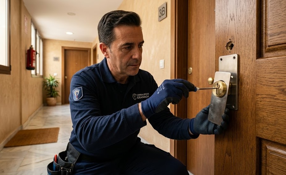 Cerrajero instalando bombín de seguridad en piso de calle Arabial